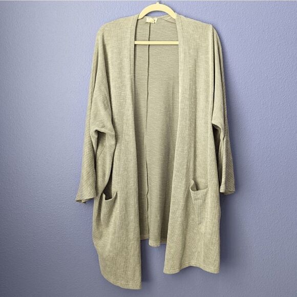 Anthropologie DONNI Ribbed Sweater Cardigan Striped Gray Pockets One-Size Relax